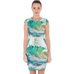 Waves Ocean Sea Tsunami Nautical Painting Capsleeve Drawstring Dress  by Ravend