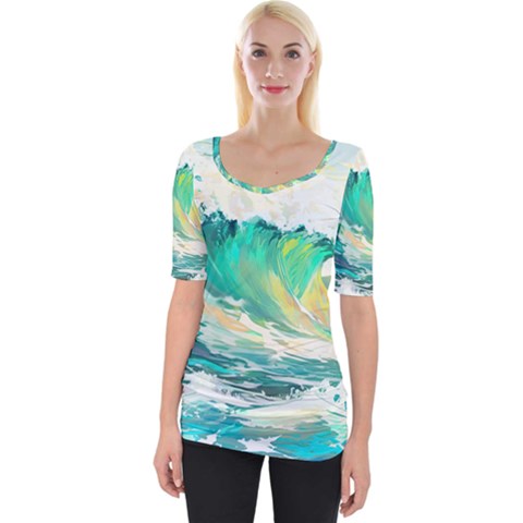 Waves Ocean Sea Tsunami Nautical Painting Wide Neckline Tee by Ravend