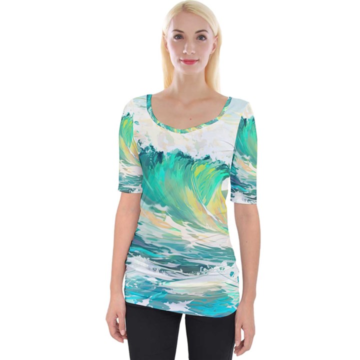 Waves Ocean Sea Tsunami Nautical Painting Wide Neckline Tee