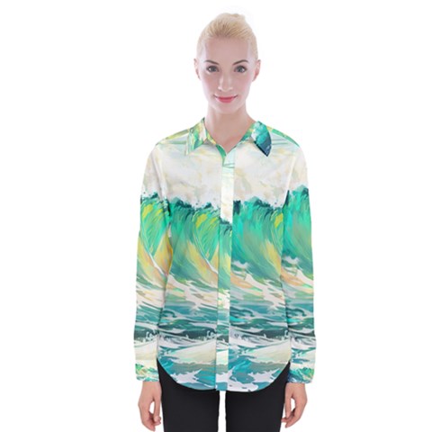 Waves Ocean Sea Tsunami Nautical Painting Womens Long Sleeve Shirt by Ravend