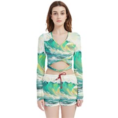 Waves Ocean Sea Tsunami Nautical Painting Velvet Wrap Crop Top And Shorts Set by Ravend