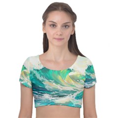 Waves Ocean Sea Tsunami Nautical Painting Velvet Short Sleeve Crop Top  by Ravend