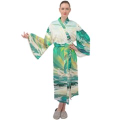 Waves Ocean Sea Tsunami Nautical Painting Maxi Velvet Kimono by Ravend