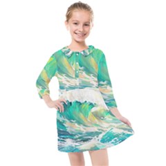 Waves Ocean Sea Tsunami Nautical Painting Kids  Quarter Sleeve Shirt Dress by Ravend