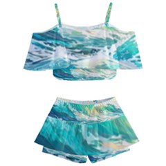 Waves Ocean Sea Tsunami Nautical Painting Kids  Off Shoulder Skirt Bikini by Ravend