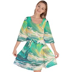 Waves Ocean Sea Tsunami Nautical Painting Velour Kimono Dress by Ravend