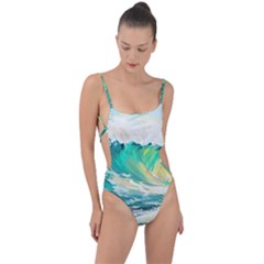 Waves Ocean Sea Tsunami Nautical Painting Tie Strap One Piece Swimsuit by Ravend