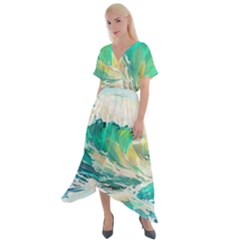 Waves Ocean Sea Tsunami Nautical Painting Cross Front Sharkbite Hem Maxi Dress by Ravend