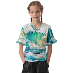 Waves Ocean Sea Tsunami Nautical Painting Kids  V-neck Horn Sleeve Blouse by Ravend