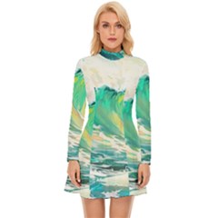 Waves Ocean Sea Tsunami Nautical Painting Long Sleeve Velour Longline Dress by Ravend