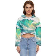 Waves Ocean Sea Tsunami Nautical Painting Women s Lightweight Cropped Hoodie by Ravend