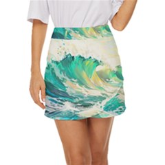 Waves Ocean Sea Tsunami Nautical Painting Mini Front Wrap Skirt by Ravend