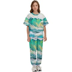 Waves Ocean Sea Tsunami Nautical Painting Kids  Tee And Pants Sports Set by Ravend