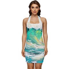 Waves Ocean Sea Tsunami Nautical Painting Sleeveless Wide Square Neckline Ruched Bodycon Dress by Ravend