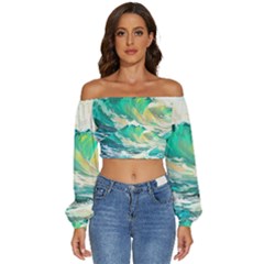 Waves Ocean Sea Tsunami Nautical Painting Long Sleeve Crinkled Weave Crop Top by Ravend