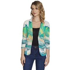 Waves Ocean Sea Tsunami Nautical Painting Women s One-button 3/4 Sleeve Short Jacket by Ravend