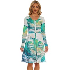 Waves Ocean Sea Tsunami Nautical Painting Long Sleeve Dress With Pocket by Ravend