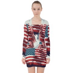 Patriotic Usa United States Flag Old Glory V-neck Bodycon Long Sleeve Dress by Ravend