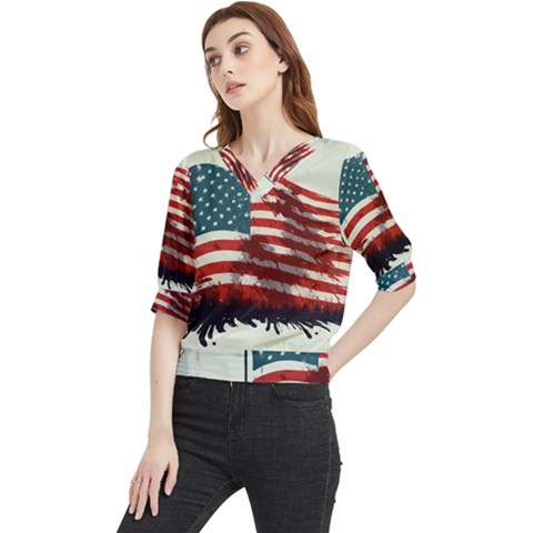 Patriotic Usa United States Flag Old Glory Quarter Sleeve Blouse by Ravend