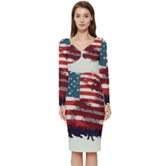 Patriotic Usa United States Flag Old Glory Long Sleeve V-neck Bodycon Dress  by Ravend