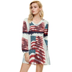 Patriotic Usa United States Flag Old Glory Tiered Long Sleeve Mini Dress by Ravend