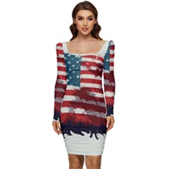 Patriotic Usa United States Flag Old Glory Women Long Sleeve Ruched Stretch Jersey Dress by Ravend