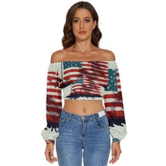 Patriotic Usa United States Flag Old Glory Long Sleeve Crinkled Weave Crop Top by Ravend