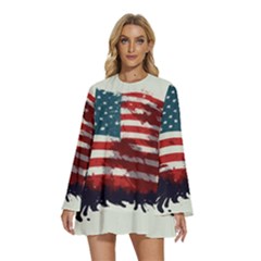 Patriotic Usa United States Flag Old Glory Round Neck Long Sleeve Bohemian Style Chiffon Mini Dress by Ravend