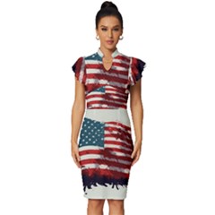 Patriotic Usa United States Flag Old Glory Vintage Frill Sleeve V-neck Bodycon Dress by Ravend