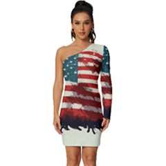 Patriotic Usa United States Flag Old Glory Long Sleeve One Shoulder Mini Dress by Ravend