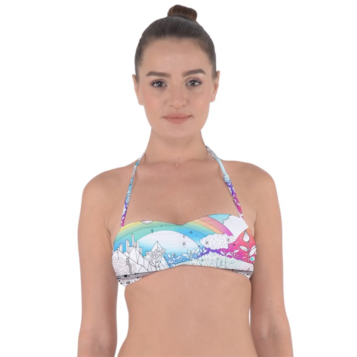 Rainbow Fun Cute Minimal Doodle Drawing Halter Bandeau Bikini Top