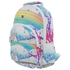 Rainbow Fun Cute Minimal Doodle Drawing Rounded Multi Pocket Backpack by Ravend