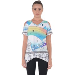 Rainbow Fun Cute Minimal Doodle Drawing Cut Out Side Drop Tee by Ravend