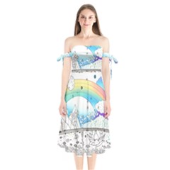 Rainbow Fun Cute Minimal Doodle Drawing Shoulder Tie Bardot Midi Dress by Ravend