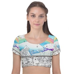 Rainbow Fun Cute Minimal Doodle Drawing Velvet Short Sleeve Crop Top  by Ravend