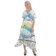 Rainbow Fun Cute Minimal Doodle Drawing Cross Front Sharkbite Hem Maxi Dress by Ravend