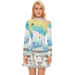 Rainbow Fun Cute Minimal Doodle Drawing Long Sleeve Velour Longline Dress by Ravend