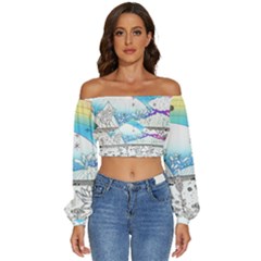 Rainbow Fun Cute Minimal Doodle Drawing Long Sleeve Crinkled Weave Crop Top by Ravend