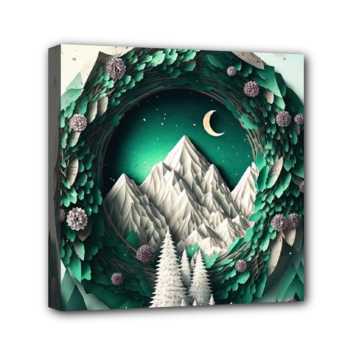 Christmas Wreath Winter Mountains Snow Stars Moon Mini Canvas 6  x 6  (Stretched)