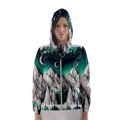 Christmas Wreath Winter Mountains Snow Stars Moon Women s Hooded Windbreaker by Ravend