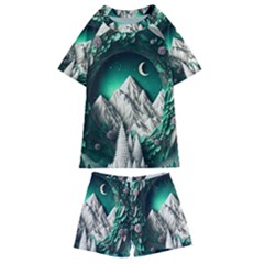 Christmas Wreath Winter Mountains Snow Stars Moon Kids  Swim Tee And Shorts Set by Ravend