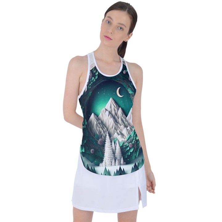 Christmas Wreath Winter Mountains Snow Stars Moon Racer Back Mesh Tank Top