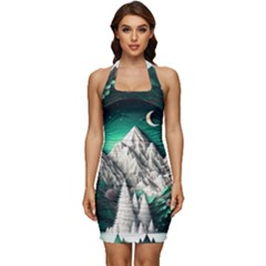 Christmas Wreath Winter Mountains Snow Stars Moon Sleeveless Wide Square Neckline Ruched Bodycon Dress by Ravend