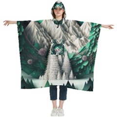 Christmas Wreath Winter Mountains Snow Stars Moon Women s Hooded Rain Ponchos by Ravend