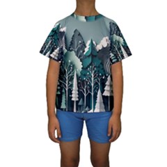 Forest Papercraft Trees Background Kids  Short Sleeve Swimwear by Ravend