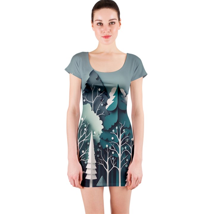 Forest Papercraft Trees Background Short Sleeve Bodycon Dress