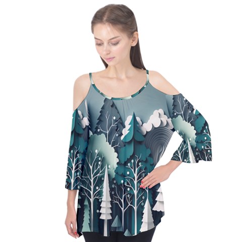 Forest Papercraft Trees Background Flutter Sleeve Tee  by Ravend