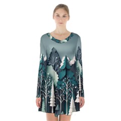 Forest Papercraft Trees Background Long Sleeve Velvet V-neck Dress by Ravend