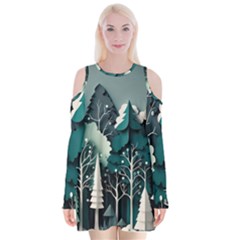 Forest Papercraft Trees Background Velvet Long Sleeve Shoulder Cutout Dress by Ravend