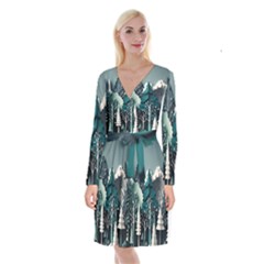 Forest Papercraft Trees Background Long Sleeve Velvet Front Wrap Dress by Ravend